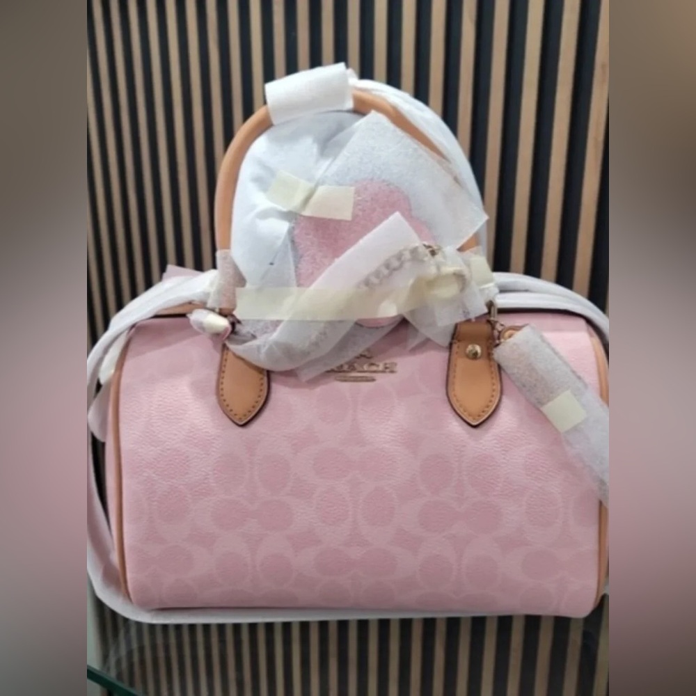 Coach Medium Rowan Satchel In Signature Canvas Powder Pink With Charms